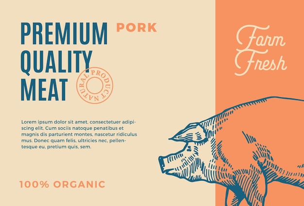 Vector premium quality pork abstract vector meat packaging design or label modern typography and hand drawn pig silhouette background layout