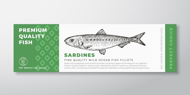 Qualità premium sardine vector packaging label design tipografia moderna e layout di sfondo del prodotto di frutti di mare sagoma di pesce disegnato a mano