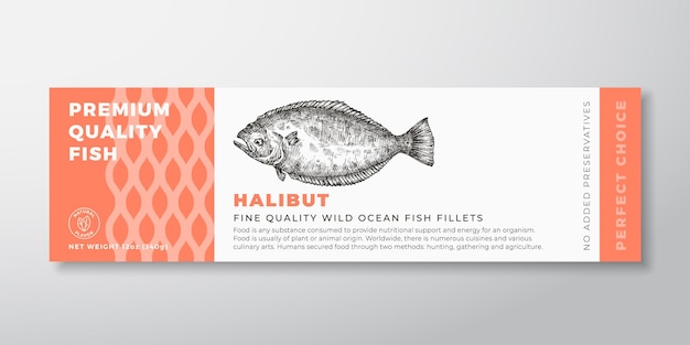 Premium quality seabass vector packaging label design modern typography and hand drawn fish silhouette seafood product background layout