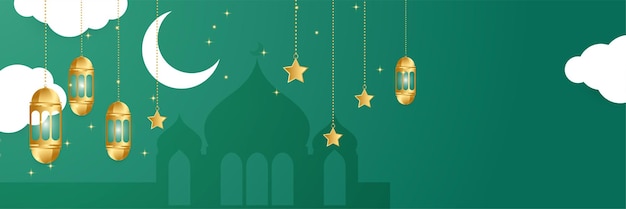 Premium Ramadhan green and gold colorful wide banner design background