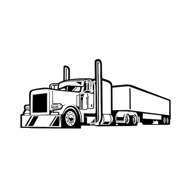 プレミアム セミトラック 18 ウィーラー トレーラー シルエット モノクロ ベクトル。トラック輸送と貨物輸送に最適