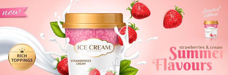 Vector premium strawberry ice cream cup with fresh fruit and splashing milk