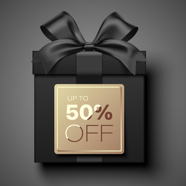 Premium style realistic black vector gift box with golden tag and Up To 50 Percent Off text