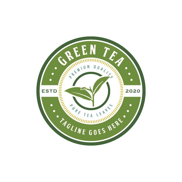 Premium tea leaf emblem logo design in green color