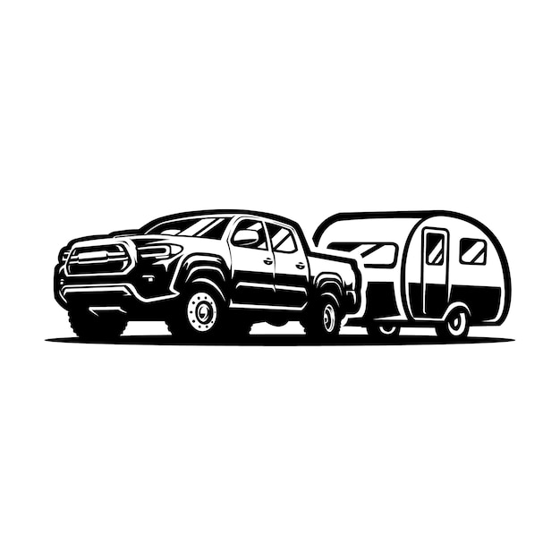 Premium truck tow trailler caravan silhouet monochroom vector geïsoleerd