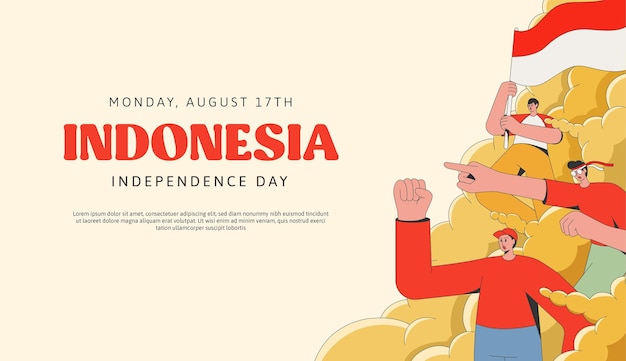 Vector premium vector flat indonesia independence day background with people holding flag banner template