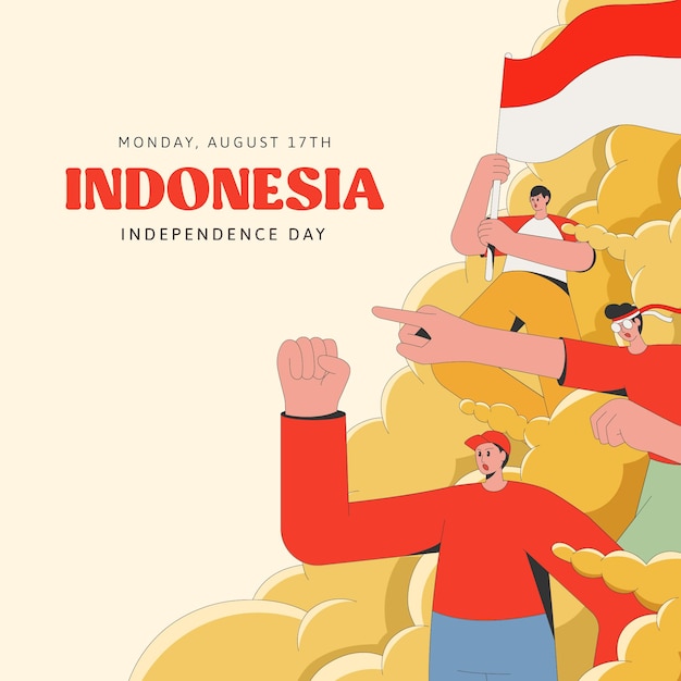 Vector premium vector flat indonesia independence day background with people holding flag