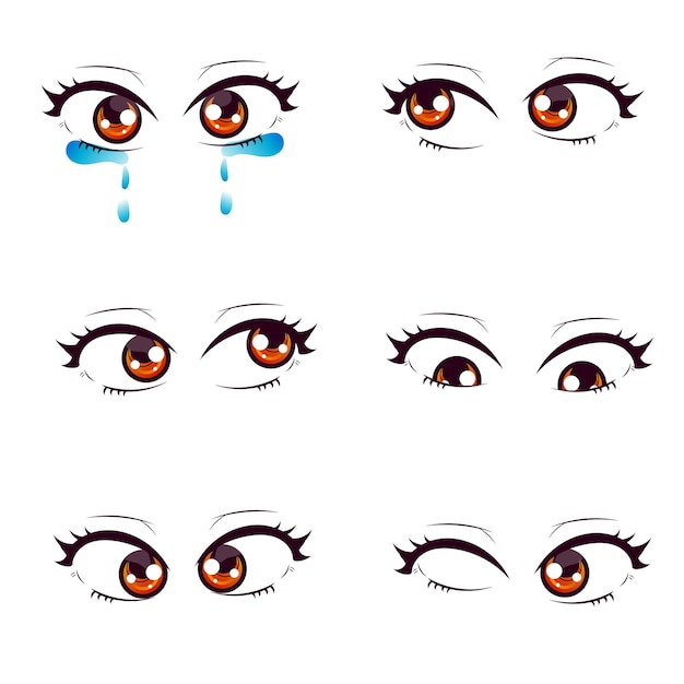 Premium vector l set of cartoon anime style expressions eyes mouth eyebrows are different contour drawing for manga hand drawn vector illustration isolated on a white background royalty free