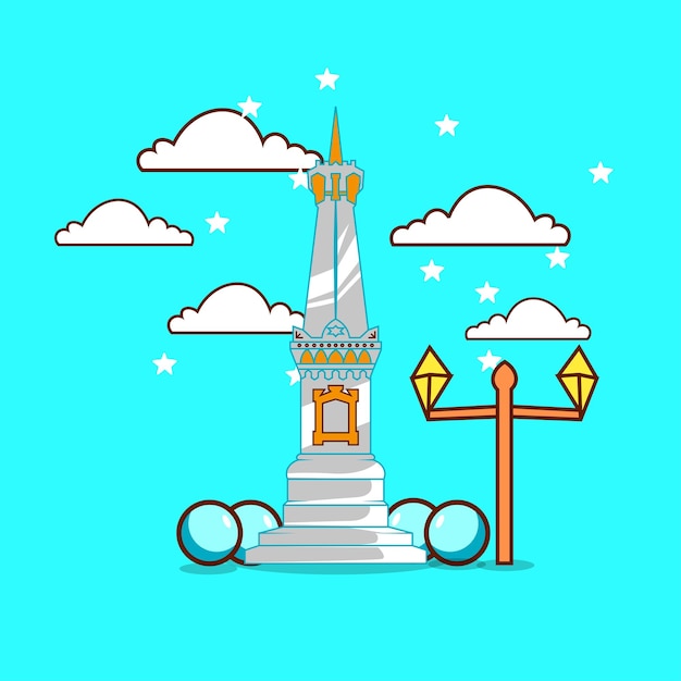 Vettore premium vector l tugu jogja disegnato logo monumento cartone animato cielo cool