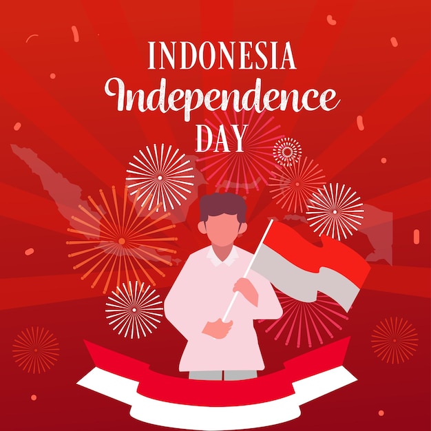 Premium vector man holding the flag of indonesia independence day vector stock image