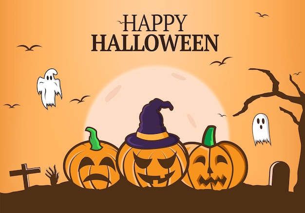 Premium vector met drie pompoenen Halloween achtergrond