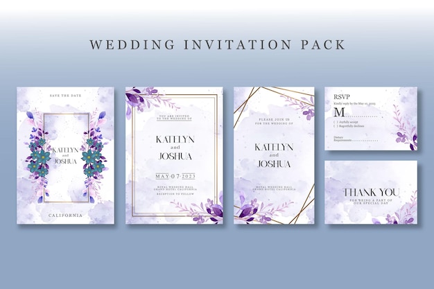 Premium vector Wedding invitation pack with floral watercolor