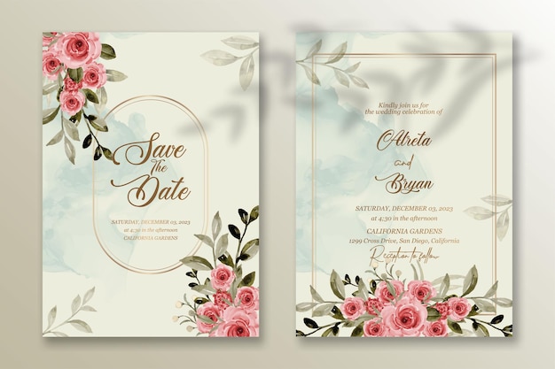 水彩花と結婚式の招待状のテンプレート プレミアムベクター