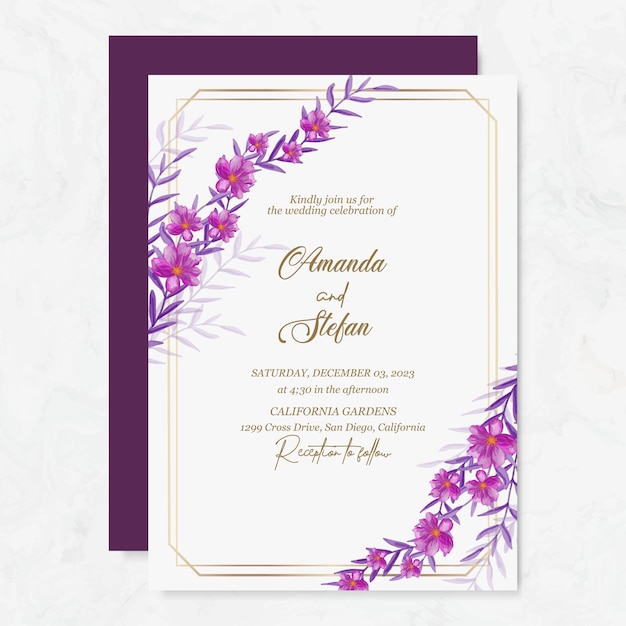 Шаблон свадебного приглашения с акварельным цветком Премиум векторы