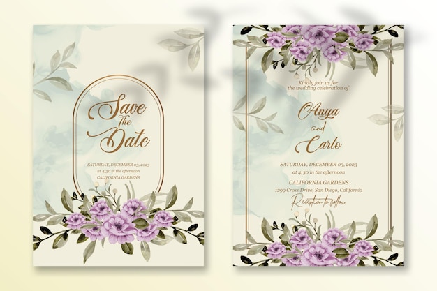 Premium vector wedding invitation template with watercolor flower