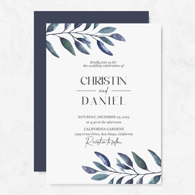 Premium vector wedding invitation template with watercolor leaves