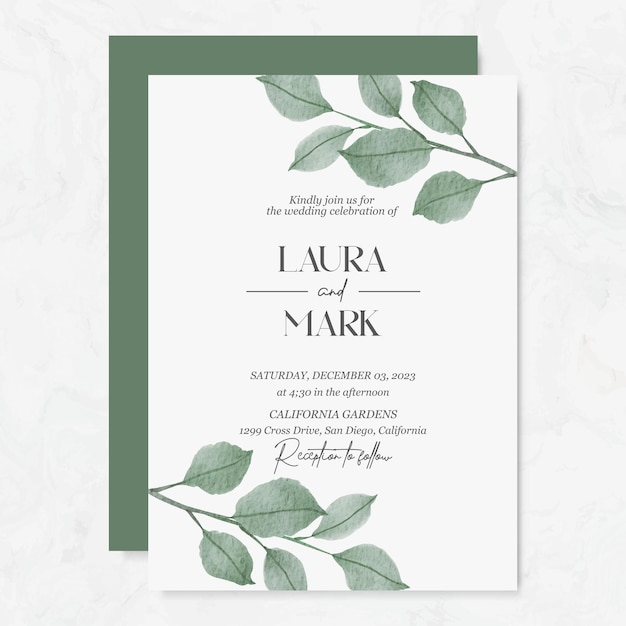 Premium vector wedding invitation template with watercolor leaves