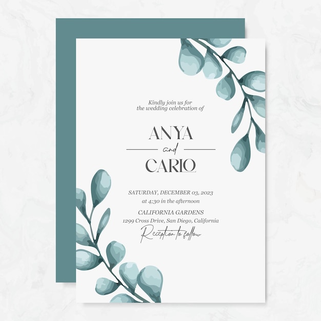 Premium vector Wedding invitation template with watercolor leaves