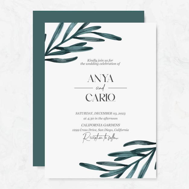 Premium vector Wedding invitation template with watercolor leaves