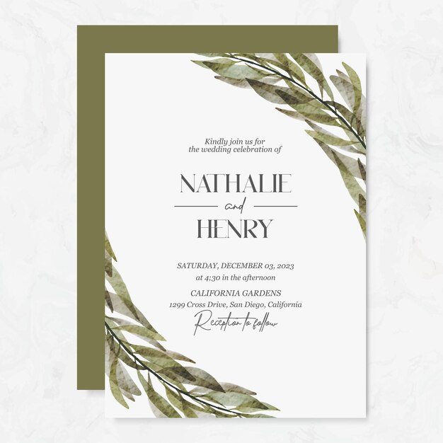 Premium vector wedding invitation template with watercolor leaves