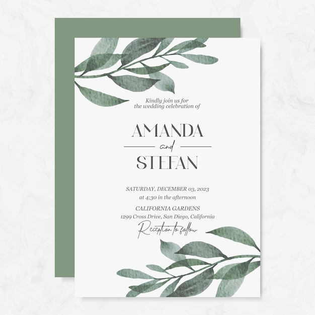 Premium vector Wedding invitation template with watercolor leaves