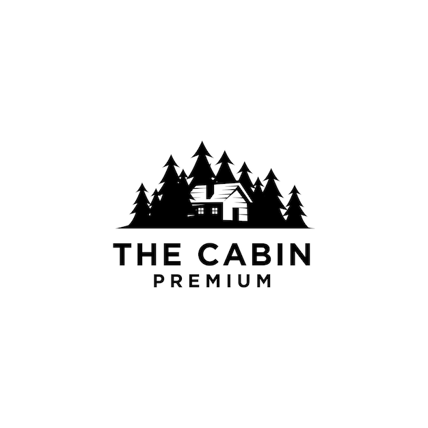 Premium wooden cabin and pine forest retro vector black logo design isolated white background