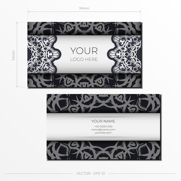 Preparation of business cards in black and white with an abstract ornament Vector Template for print design business card with monogram patterns