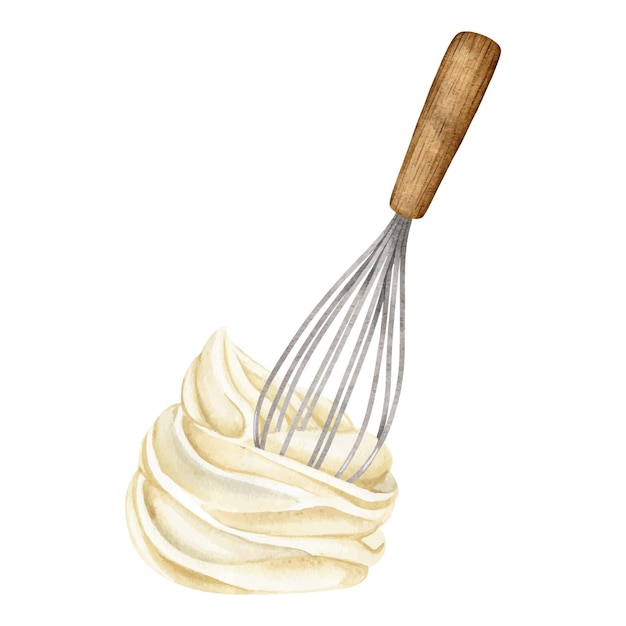 Preparation of cream for desserts sweet cream whipped cream whisk isolated watercolor illustration of baking ingredients clipart for recipe book food blog design of labelpackaging of good