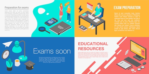 Preparation for exams banner set, isometric style