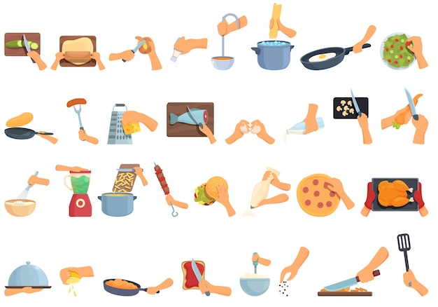 Preparation food icons set cartoon vector Cook hands