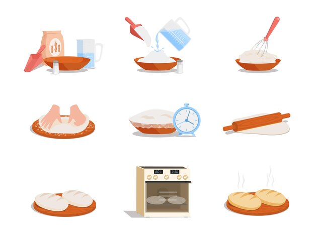 Vector preparation of tasty bread step by step vector flat illustration