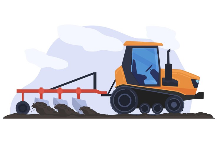 Vector preparation virgin land tractor use cultivator agricultural device field machinery concept isolated