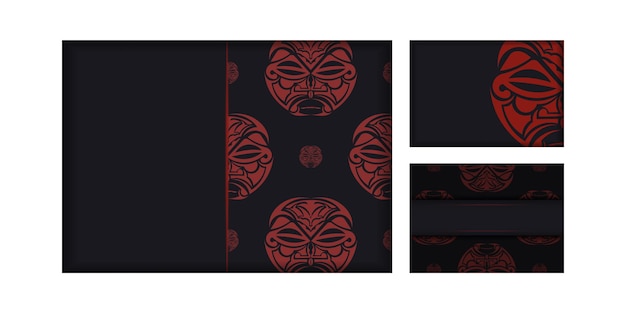 Готовим приглашение с местом для текста и лицом в полизенском стиле. шаблон для полиграфической открытки в черном цвете с орнаментом маска богов.