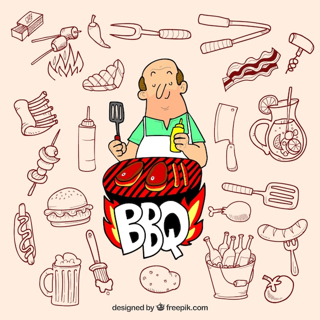 Vettore preparazione barbecue - raccolta di elementi disegnati a mano