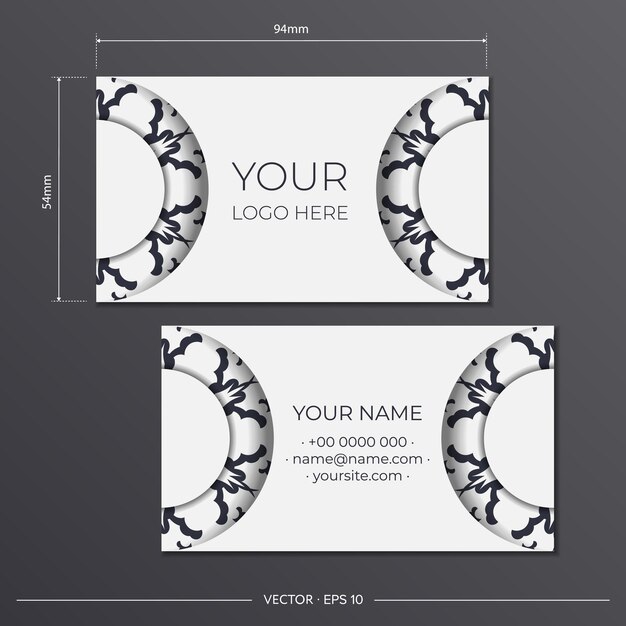 ゴージャスな黒の装飾が施された白の名刺を準備しています。モノグラムパターンの印刷デザイン名刺のベクトルテンプレート。