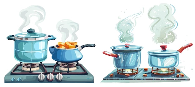 Vector preparing food and boiling water in saucepan