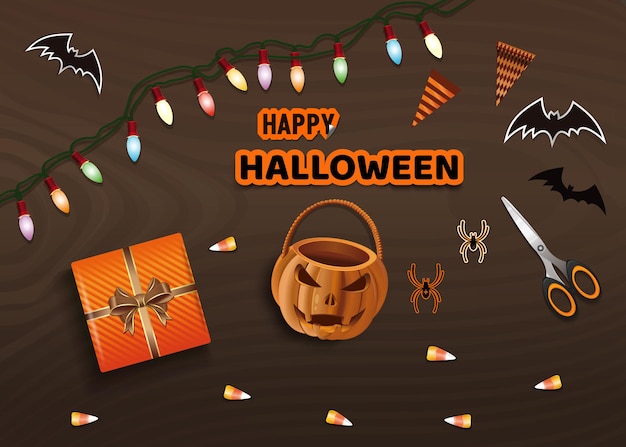 Вектор Готовимся к празднованию хэллоуина. счастливого хэллоуина. стол с подарками на хэллоуин вид сверху. векторная иллюстрация