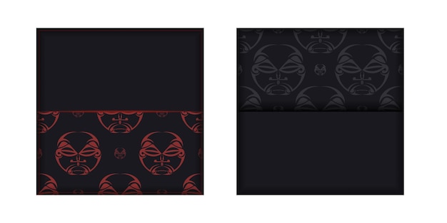 polizenian 스타일의 장식품으로 텍스트와 얼굴을 위한 장소가 있는 초대장을 준비합니다. 신 장식의 마스크가 있는 검은색 인쇄 디자인 엽서를 위한 고급스러운 벡터 템플릿입니다.