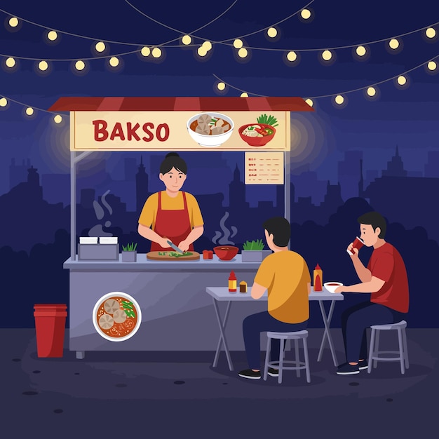 Preparing and Serving Asian Soup at Street Food Stall Night