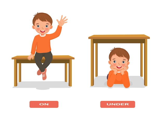 Vector preposition of place illustration little boy sitting on and under the table