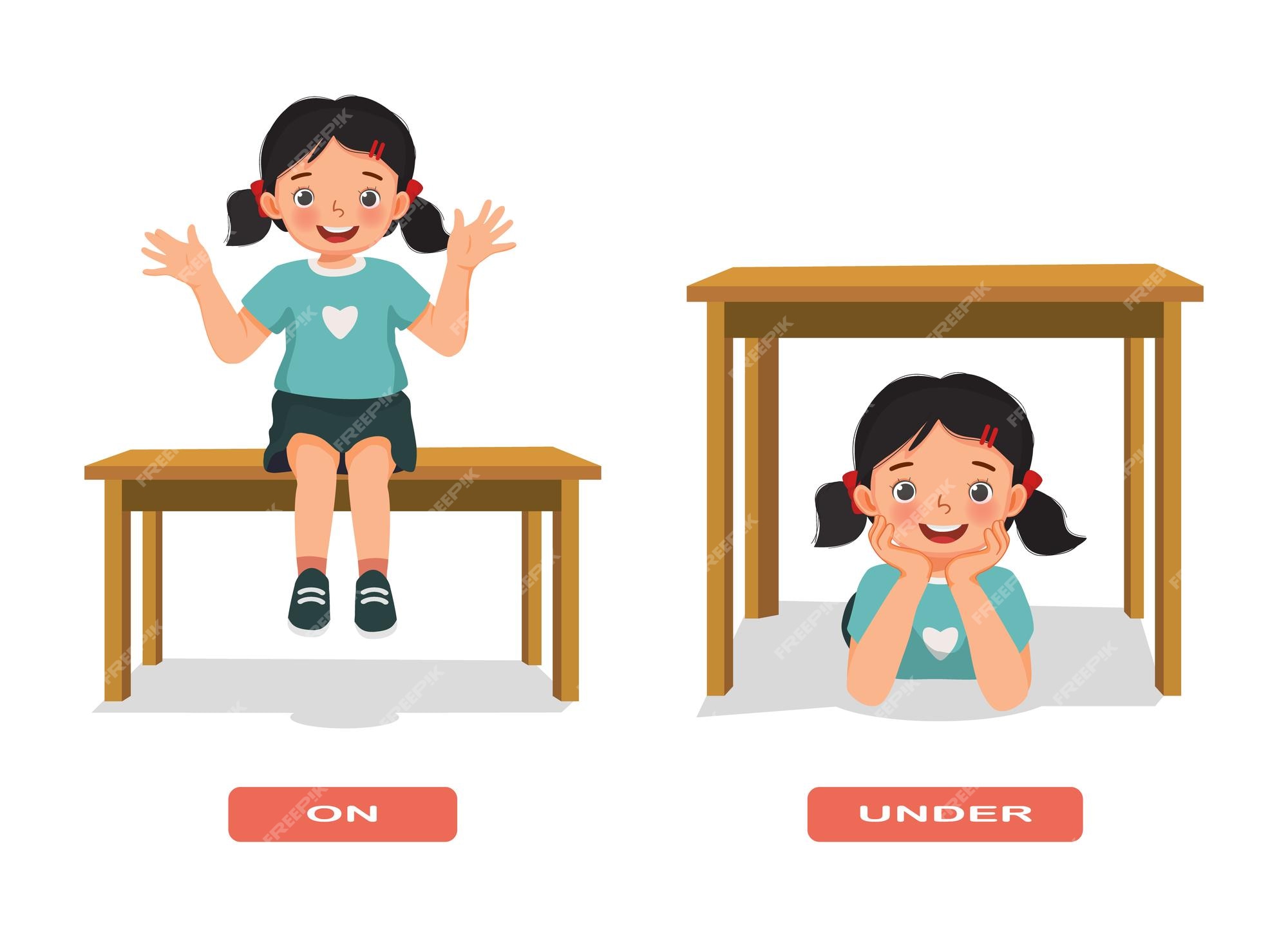 Premium Vector | Preposition of place illustration little girl sitting on and under the table Premium Vector | Preposition of place illustration little girl sitting on and under the table