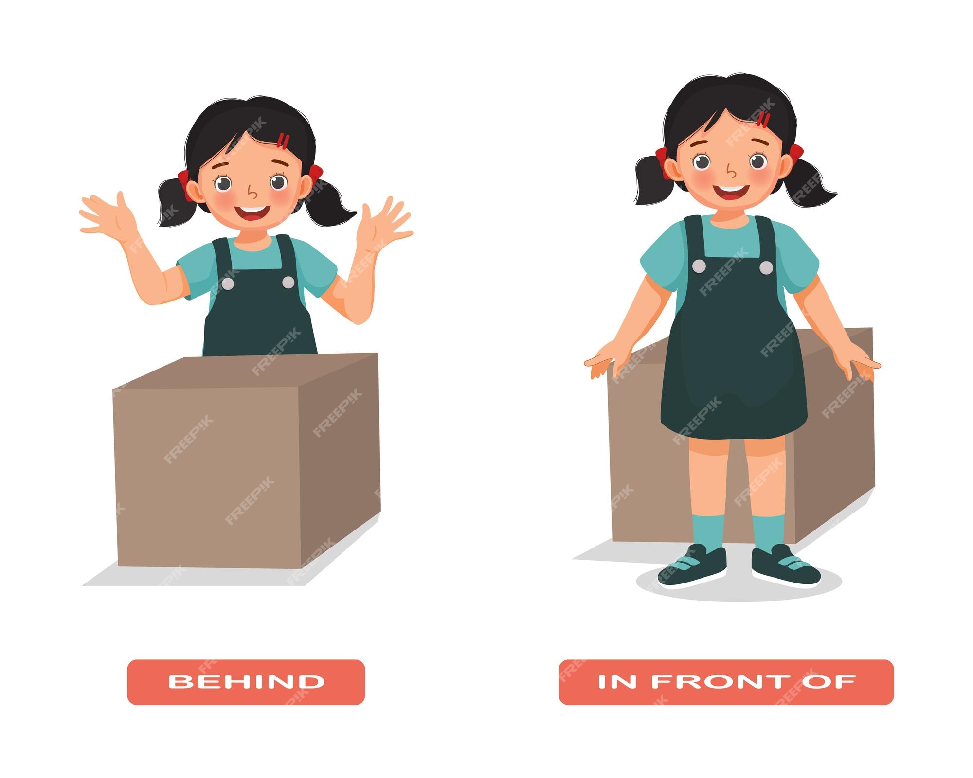 Premium Vector | Preposition of place illustration little girl standing behind and in front of the box Premium Vector | Preposition of place illustration little girl standing behind and in front of the box