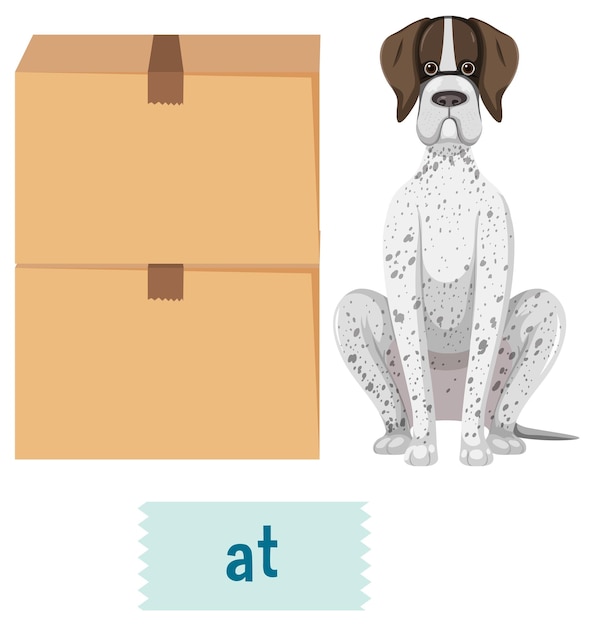 Preposition of place with cartoon dog and a box