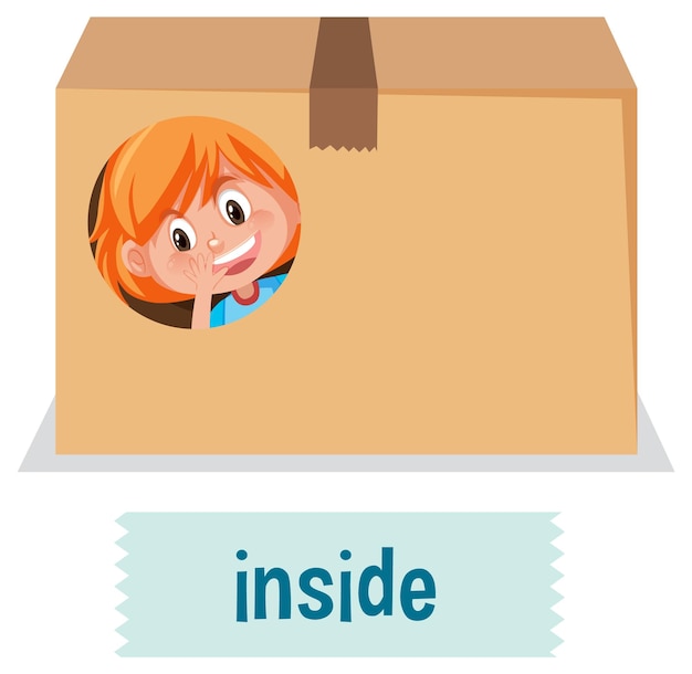 Preposition of place with cartoon girl and a box