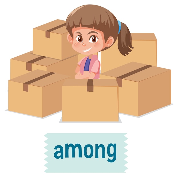 Preposition of place with cartoon girl and a box