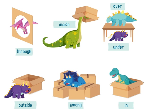 Набор предлогов с динозаврами и коробками
