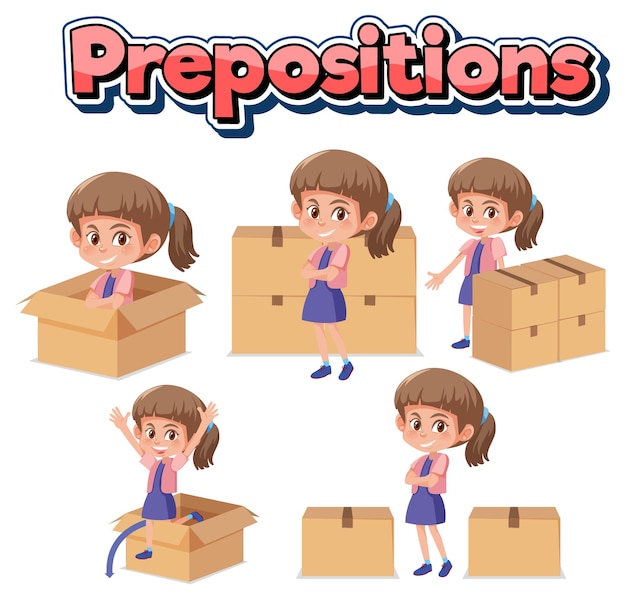 Vector preposition wordcard with girl and boxes