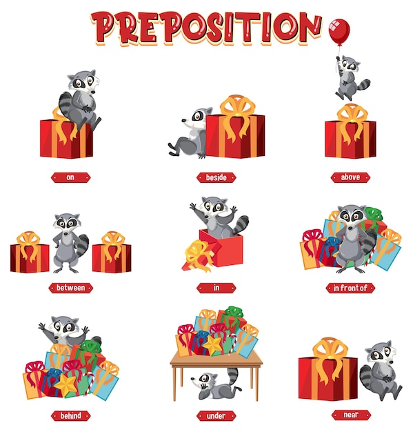 Vector preposition wordcard with raccoon and present box