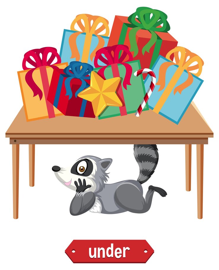 Vector preposition wordcard with raccoon under table
