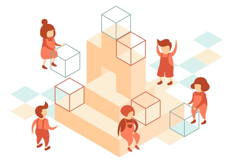 Vector preschool children use cubes to play on the playground